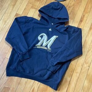Milwaukee Brewers Hoodie Majestic MLB Navy Pullover Mens M L